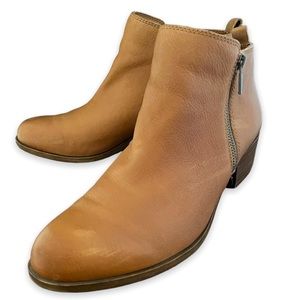 Lucky Brand Basel Double Zip Leather Flat Booties, Toffee, Size 10
